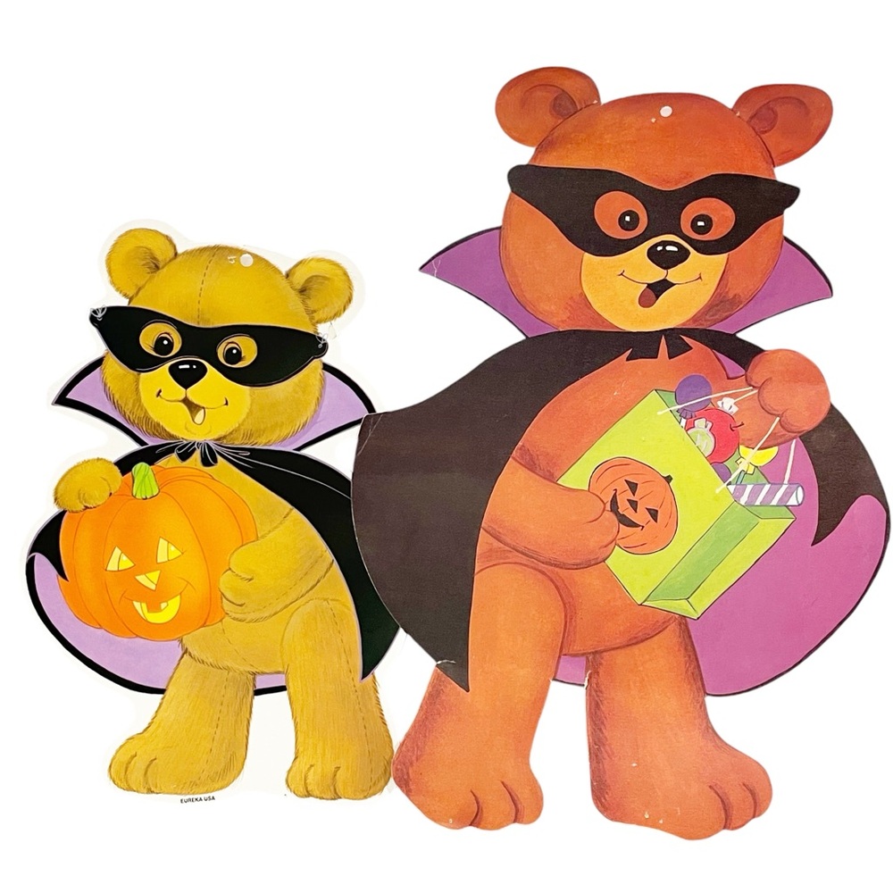Vtg Eureka HALLOWEEN DieCut Paper Decoration Bear Mask Cape Costume JOL Pumpkin